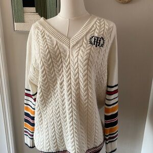 Tommy Hilfiger Women's V-Neck Sweater with Striped Sleeves